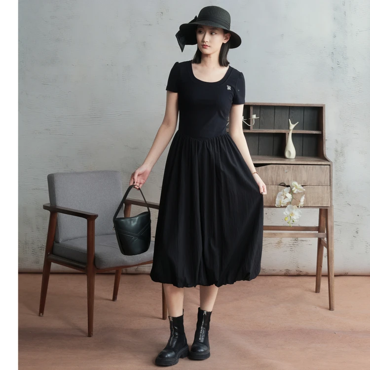 西町村屋简约针梭拼修身连衣裙女夏季新款休闲短袖裙子XAAB10016