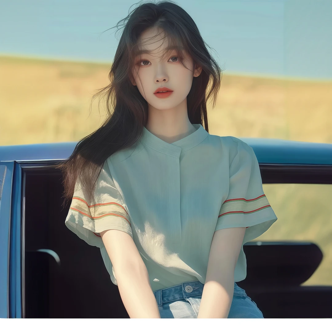 初夏流行漂亮时尚洋气别致独特时髦文艺小清新绿色条纹短袖衬衫女