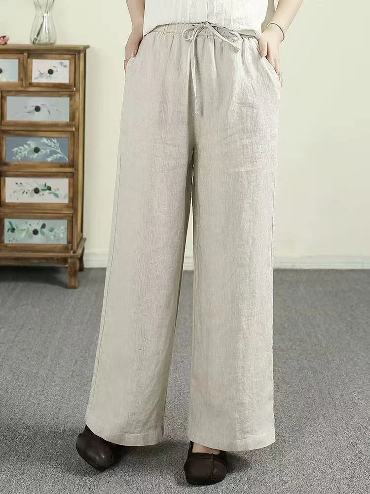 夏季直筒裤口袋薄款休闲亚麻100%宽松直筒裤