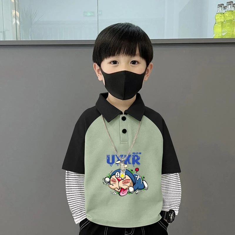 100%纯棉男童拼色春秋季百搭儿童装长袖T恤撞色秋款翻领T恤打底衫