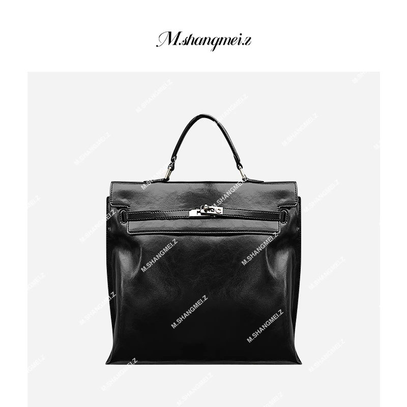 M.SHANGMEI.Z/沐熙美大哥轻奢气质真皮百搭黑色手提包包F03238