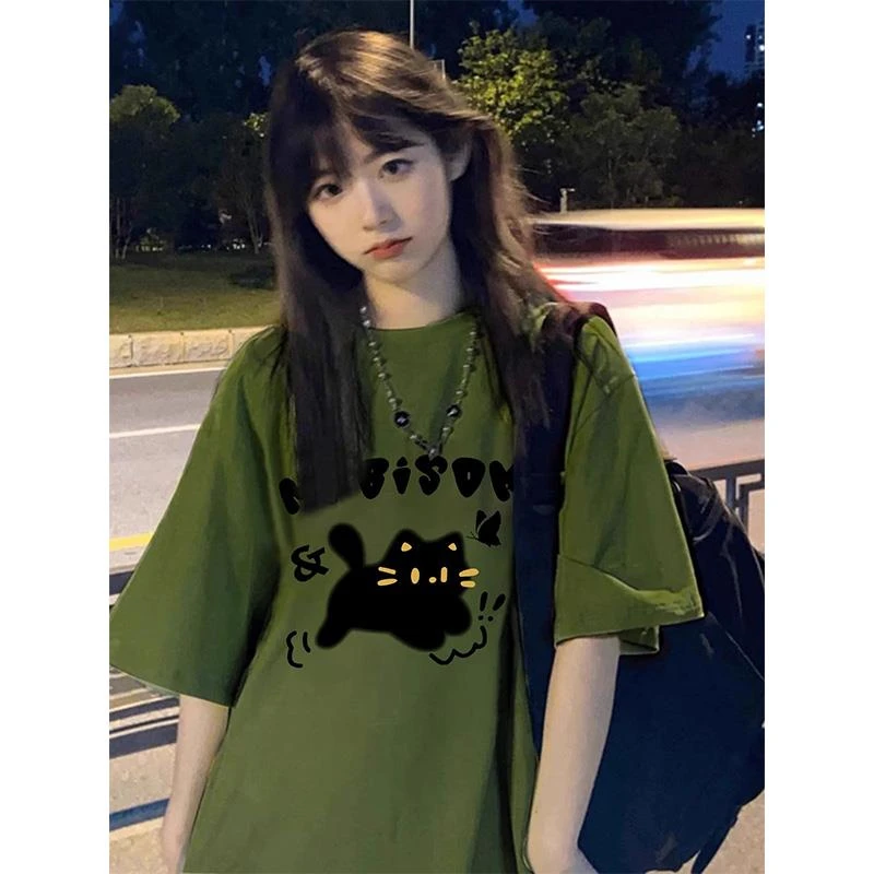 重磅时尚绿色正肩短袖t恤女2025新款夏季宽松美式复古半袖上衣服