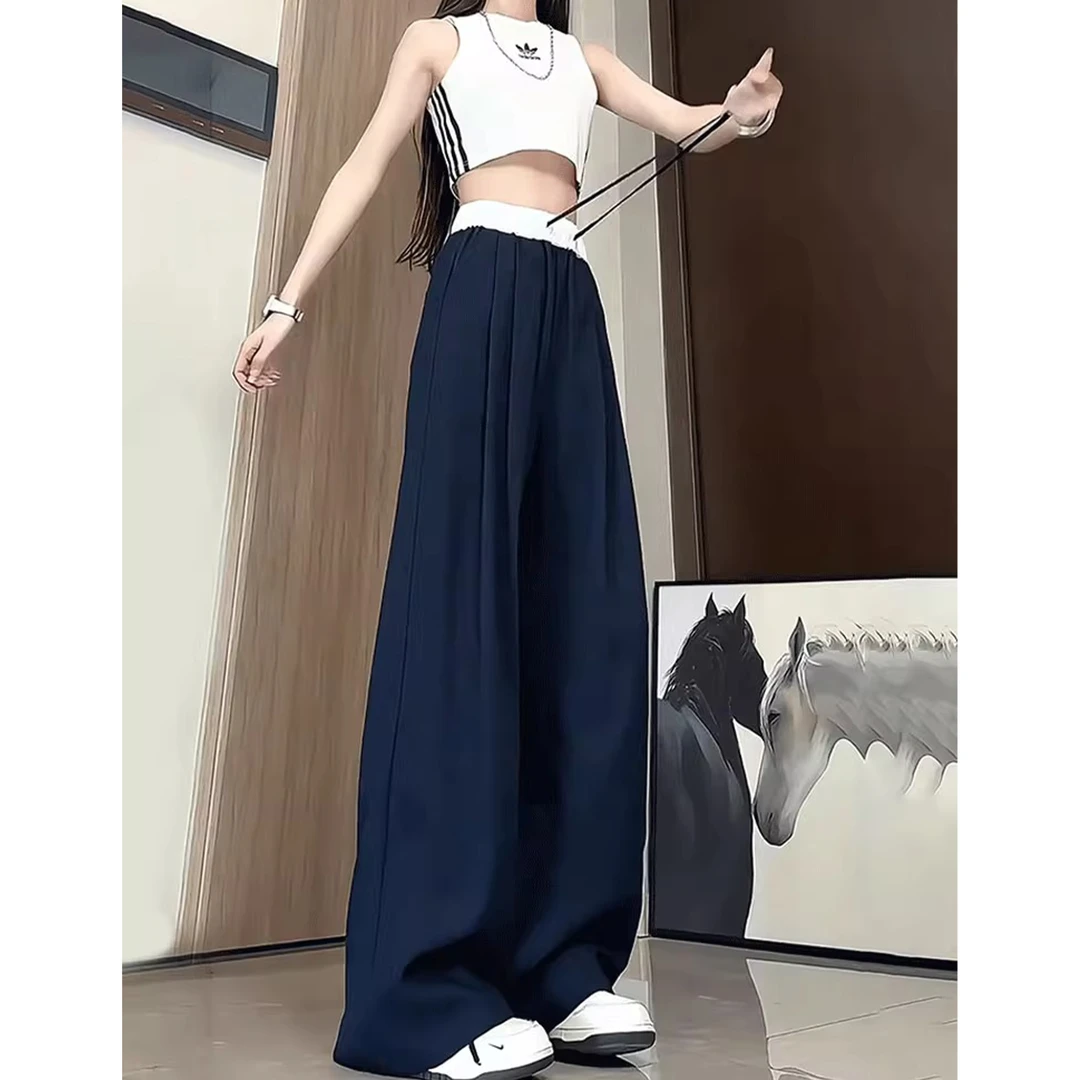 藏青色冰丝凉感裤子男女夏季薄款拼接假两件裤子慵懒垂感休闲长裤