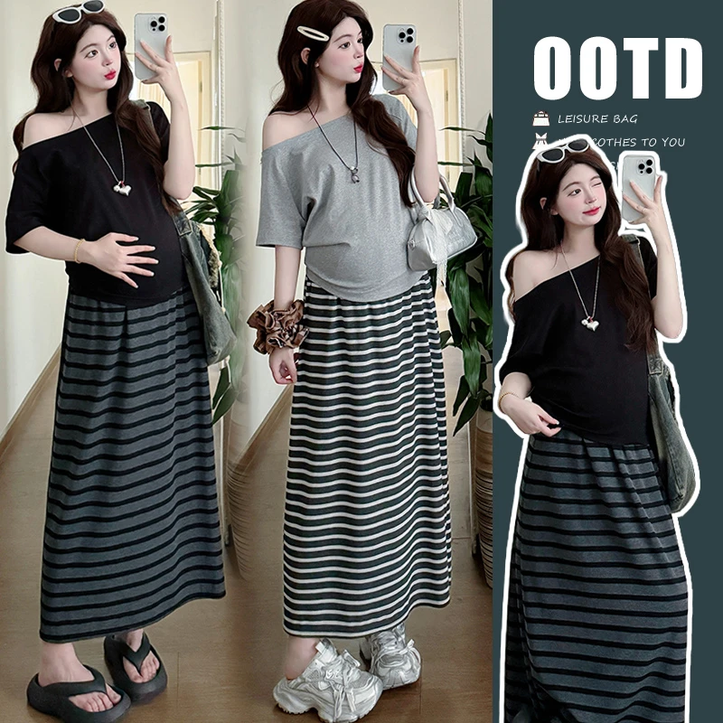 孕妇装2025夏装新款时尚韩版宽松短袖上衣百搭休闲开叉半身裙套装