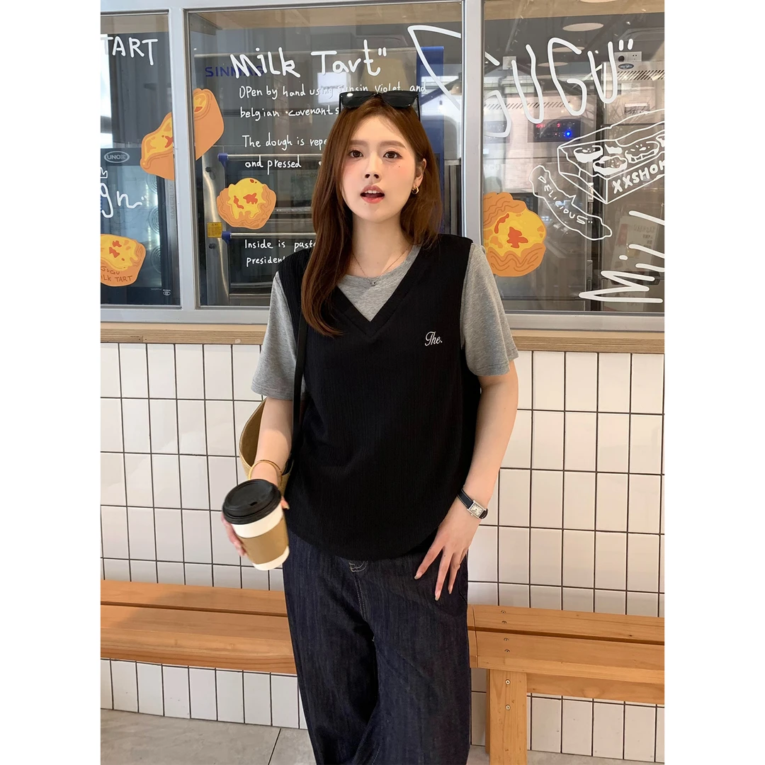 现货大婉酱微胖定制假两件拼色短袖T恤夏季新款宽松正肩上衣7840D