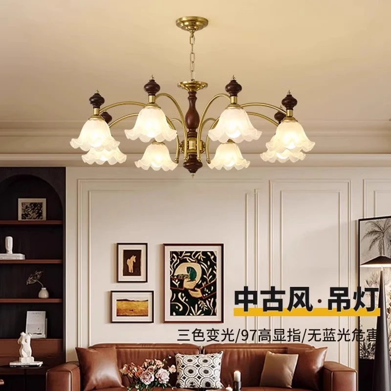 意简客厅花朵吊灯美式复古高档主灯高级感白蜡木实木卧室灯餐厅灯