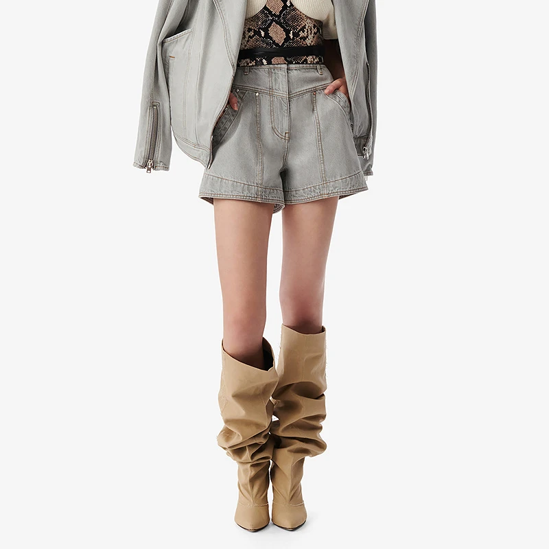 IRO Night 雾霾灰牛仔短裤高腰直筒宽松明线法式轻奢25早春新款