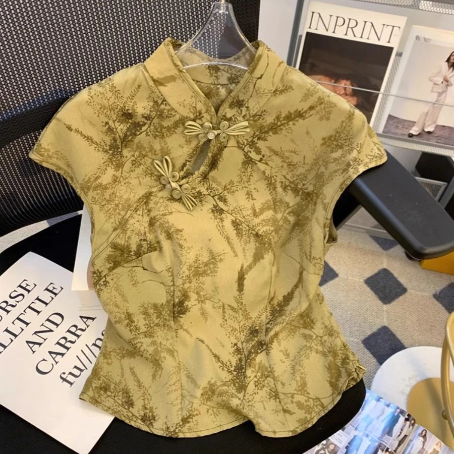 新中式盘扣旗袍领衬衫女夏季新款复古国风提花镂空甜辣小上衣别致