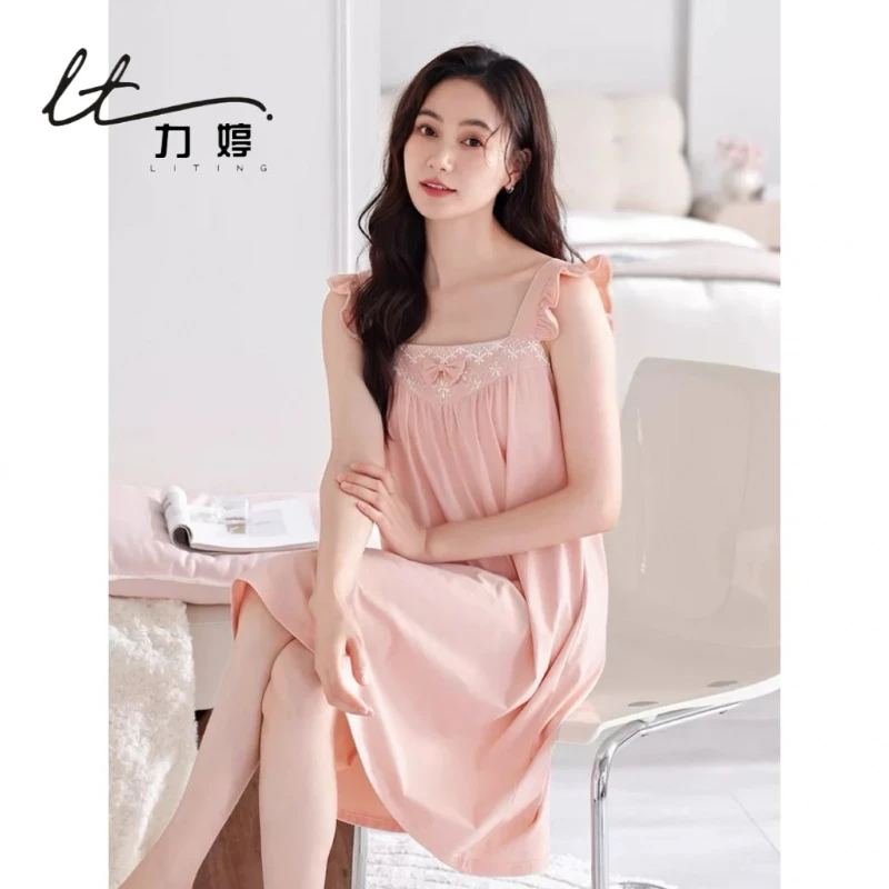 力婷睡裙女带胸垫无袖背心蕾丝花边裙新款甜美风韩版家居裙可外穿