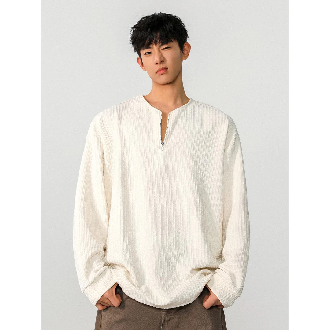 肌理感半拉链长袖T恤男款2025春季新款高级感叠穿打底衫休闲内搭