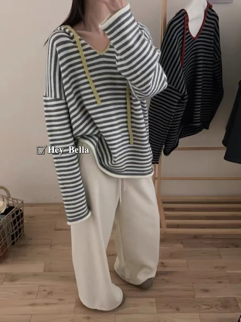 清仓 条纹连帽针织衫毛衣打底宽松
