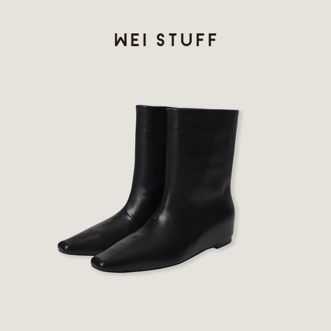 WEI STUFF “小战靴”法式时尚百搭中筒内增高黑色尖头短靴 9980.
