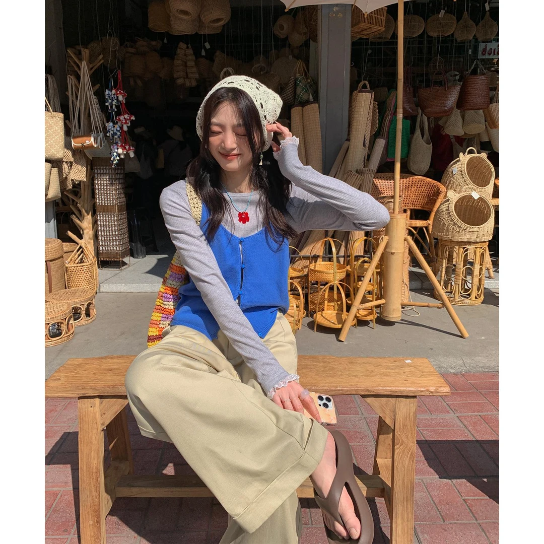 【西西里安】 春日层次美学~韩系复古叠穿毛织吊带开衫