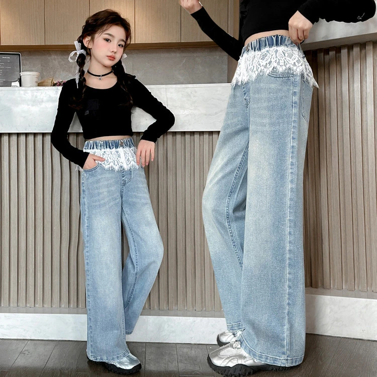 女童牛仔裤2025新款儿童蕾丝拼接洋气中大童高腰外春秋穿直筒裤子