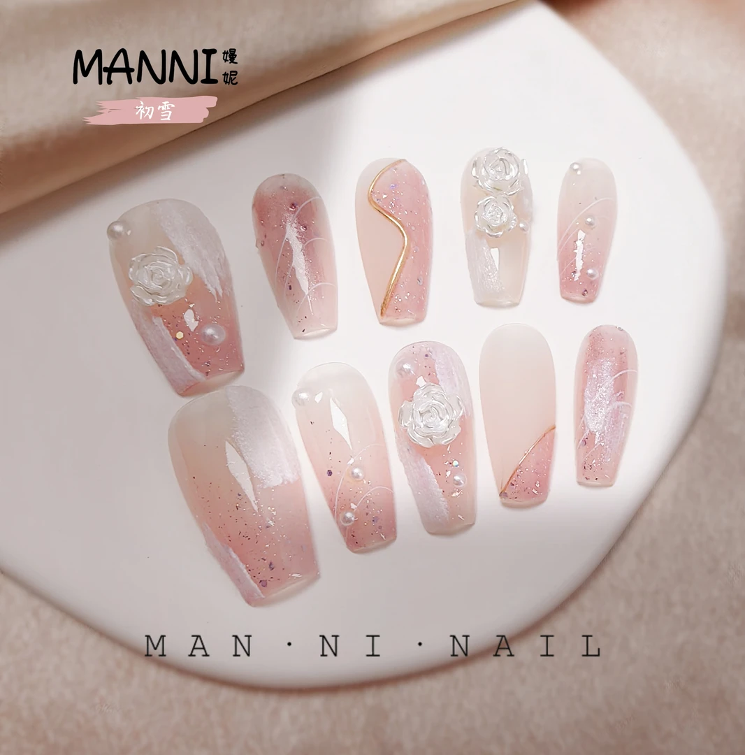 MANNI[初雪]手工穿戴甲中长款山茶花新款气质显白高级感纯欲风