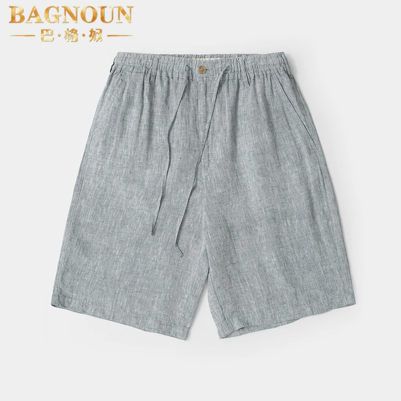 巴格奴纯亚麻短裤男士夏季新款时尚高端薄款中年松紧腰宽松五分裤