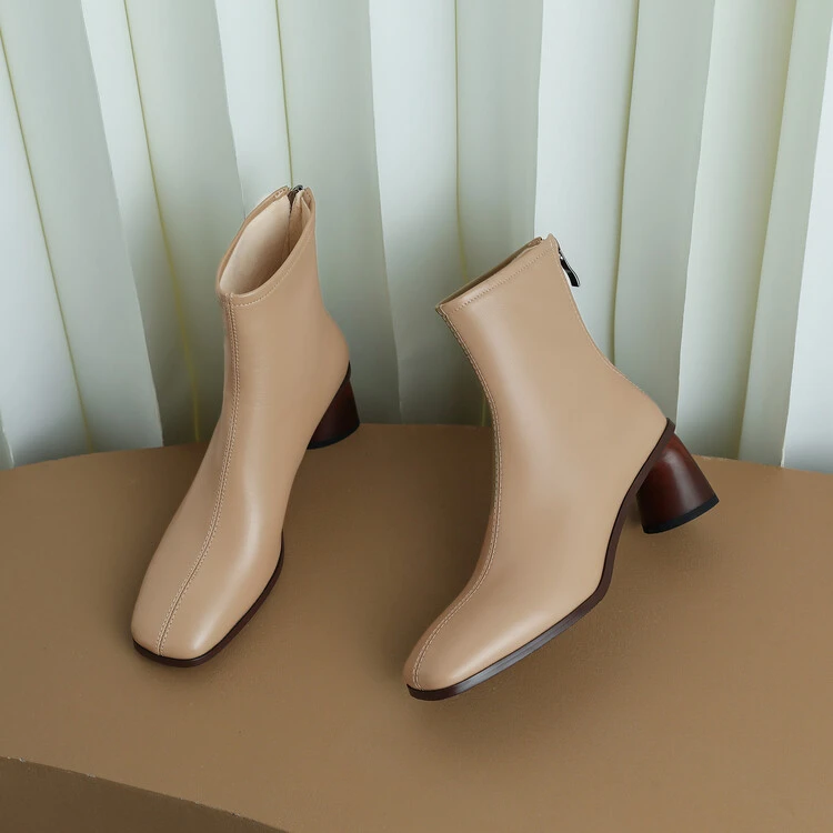 羊皮~5.5cm粗跟时尚短靴杏色百搭真皮高跟方头中跟法式秋冬瘦瘦靴