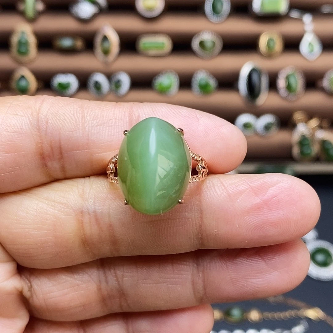 吊坠(不含链)银S925镶嵌和田玉（碧玉）戒指