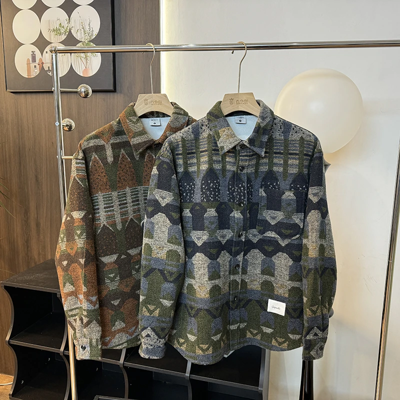 春季新款含羊毛潮流ins民族风毛复古花纹呢衬衫方领外套GS1399