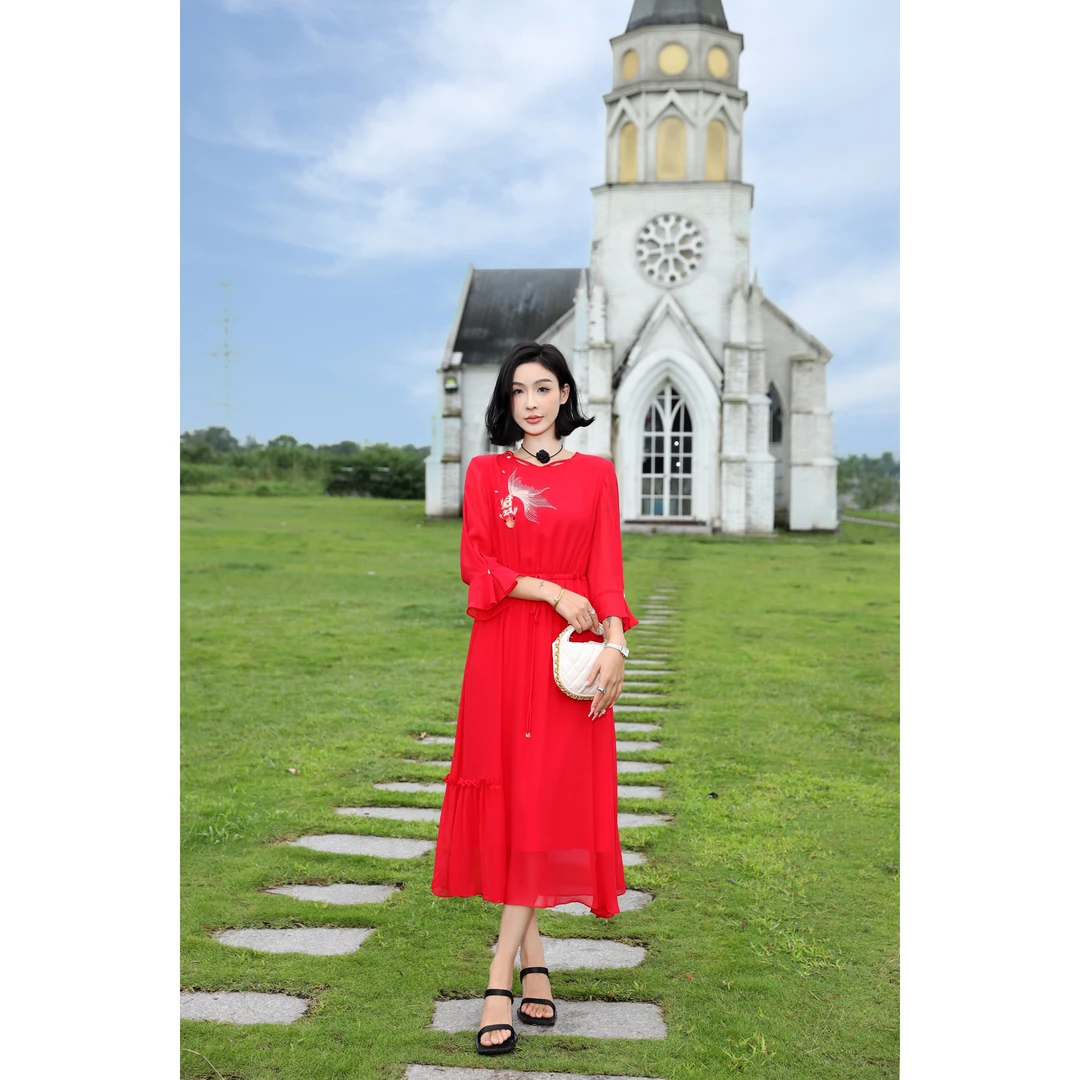 中国风气质时尚夏季长款桑蚕丝女装连衣裙红色绣花83602