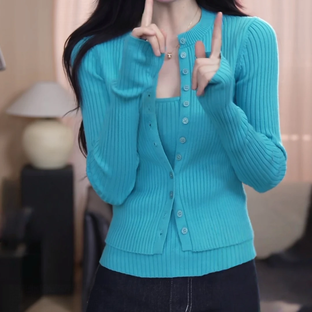 复古时尚百搭圆领长袖针织衫2025夏季新款宽松休闲气质通勤上衣