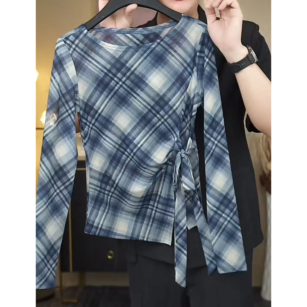 【格影婉姿】夏季蝴蝶结绑带格子网纱T恤女时尚显瘦百搭罩衫洋气
