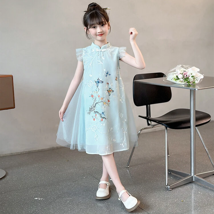 女童中大童旗袍连衣裙夏季复古国风公主裙薄款小女孩夏款刺绣纱裙