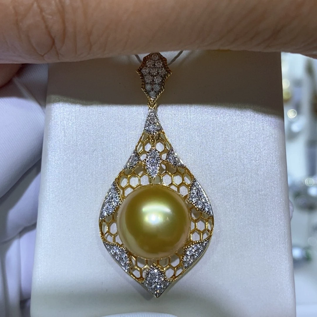 海水珍珠吊坠(不含链)18K金镶嵌金珠13-14mm