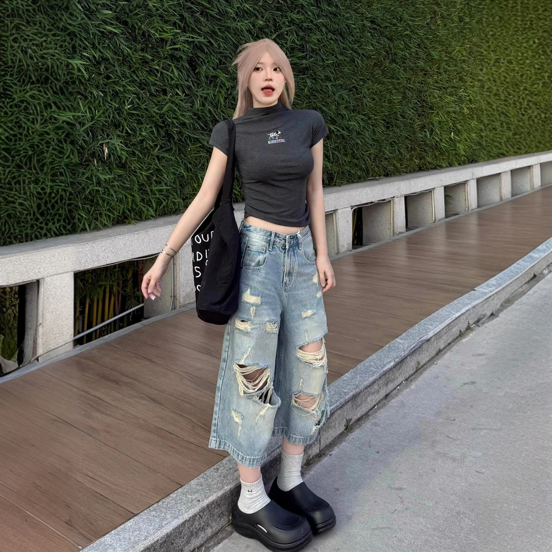 美式街头水洗牛仔裤女夏季破洞做旧直筒七分裤宽松高腰阔腿短裤潮