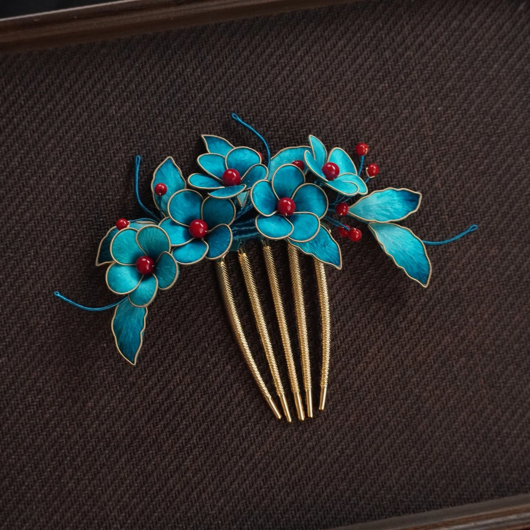 孔雀蓝非遗绒花插梳手工艺品掐丝绒花南京绒花绒花饰品古风头饰