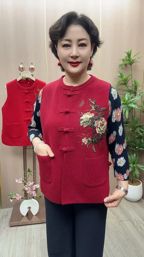ZH#一束花刺绣马甲 衣长63 中老年女装妈妈装 国潮风盘扣针织马甲