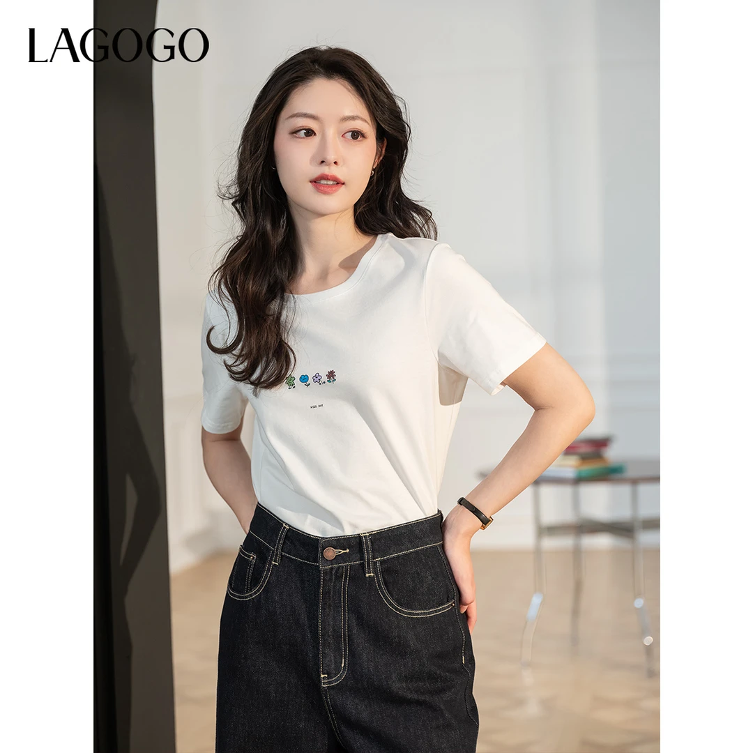lagogo拉谷谷2025年新款全棉百搭舒适简约白T恤女OATT311G06