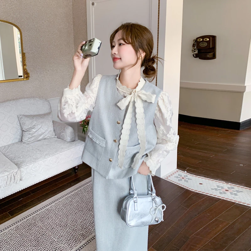 优雅气质套装裙女2025春夏新款法式复古高级氛围感马甲衬衫半身裙