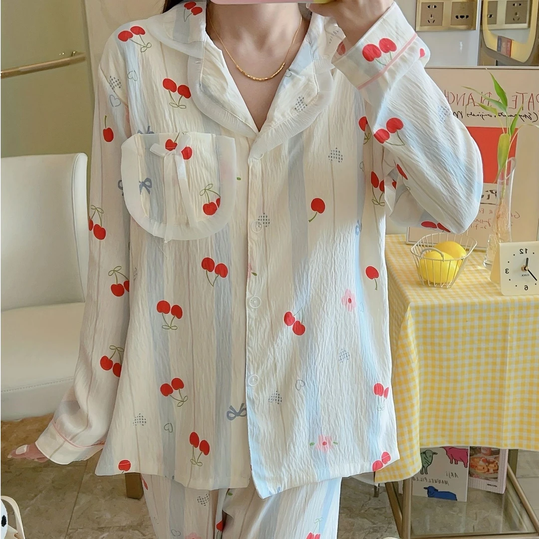 123#薄款清新竖条纹樱桃云朵棉长袖长裤开衫女士睡衣套装家居服