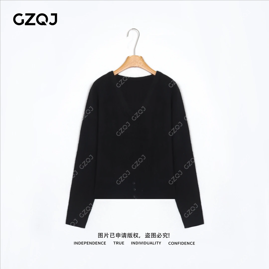 广州琴姐【晚序】琥珀流光风绵羊毛V领长袖针织衫毛衣女冬新款 9051