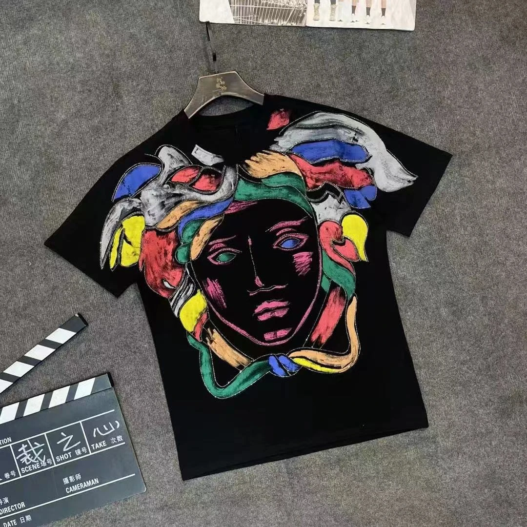 【HK奢感男装设计】美杜莎印花黑色彩绘T恤半袖时尚修身大码潮
