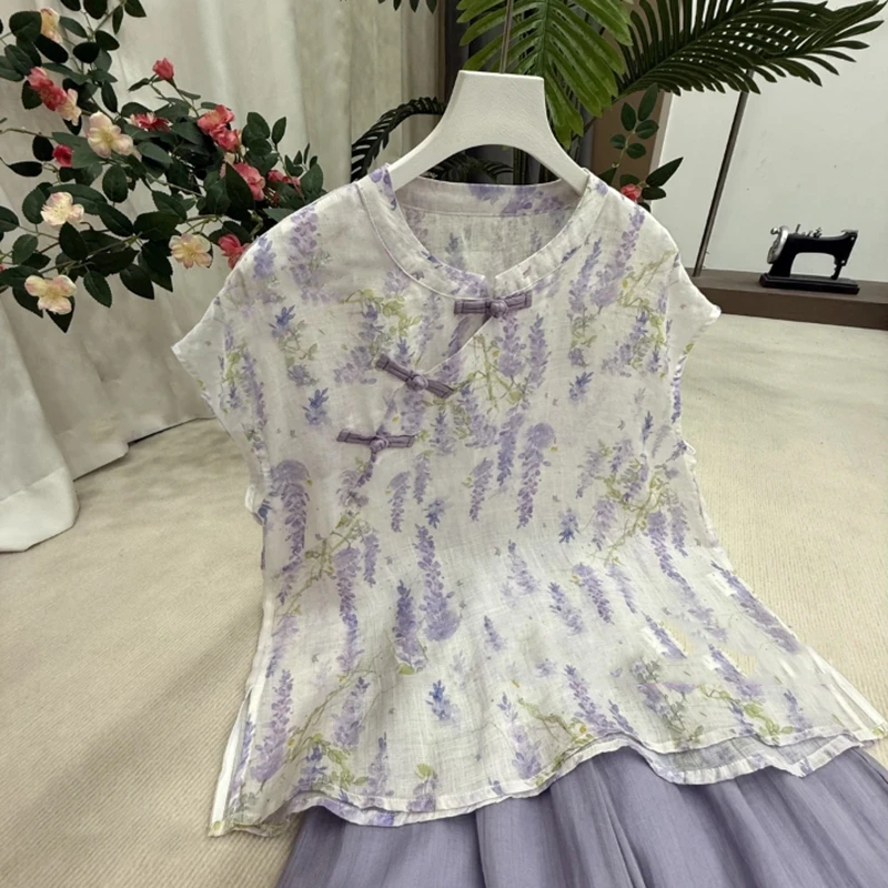 【紫藤花】夏季新款复古斜襟苎麻小衫新中式盘扣衬衫女上衣S R0764