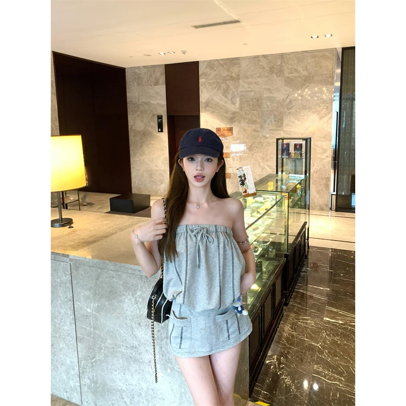 设计感抽绳松紧抹胸短裙女夏季美式辣妹撞色线收腰显瘦卫衣连衣裙