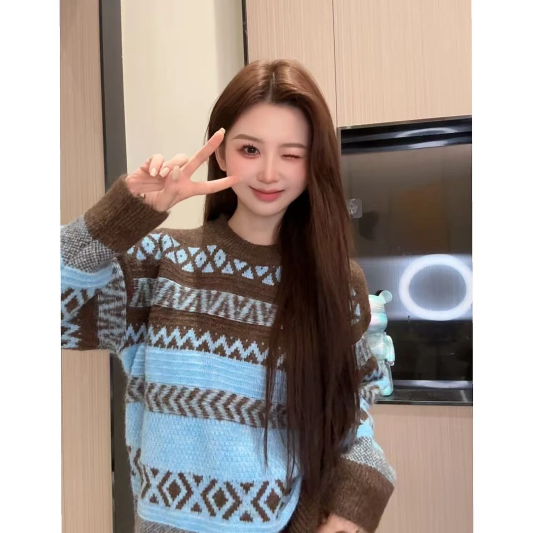 条纹套头秋冬网红毛针织衫印花落肩袖针织套头款女