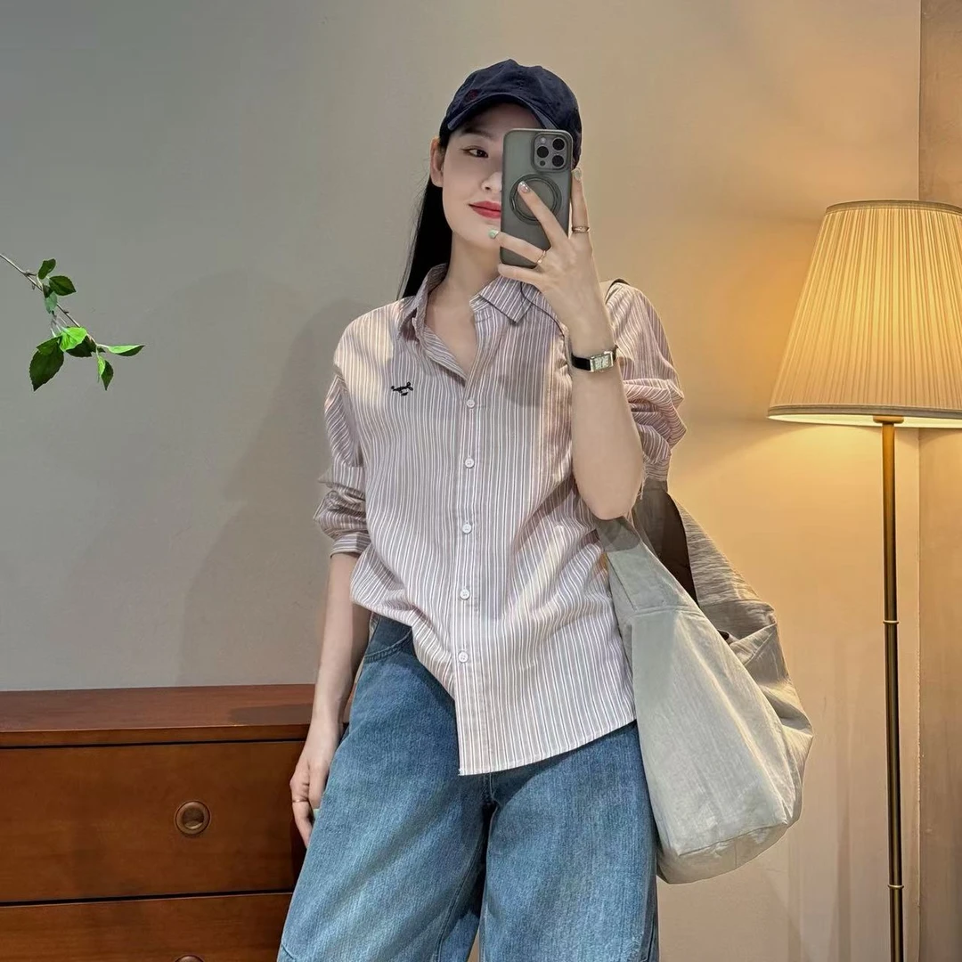 韩系时尚百搭休闲小众设计感长袖竖条纹宽松衬衫女-HX2586275