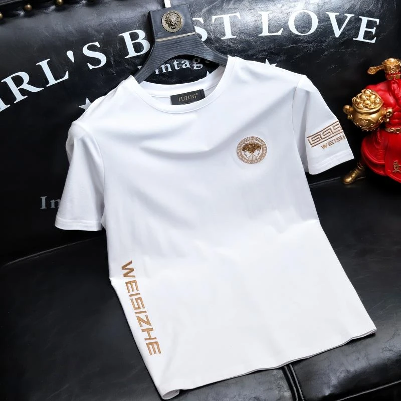 欧货丝光棉薄款短袖T恤男士男装新款字母刺绣圆领上衣修身半袖t