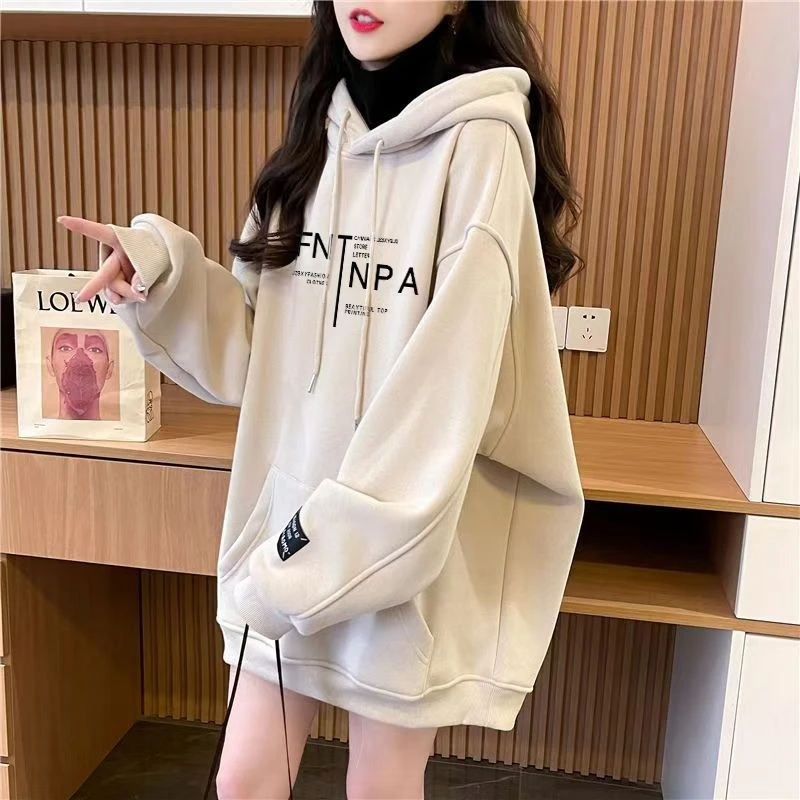 秋冬款加绒连帽高领卫衣外套女洋气宽松中长款ins潮大码女装上衣