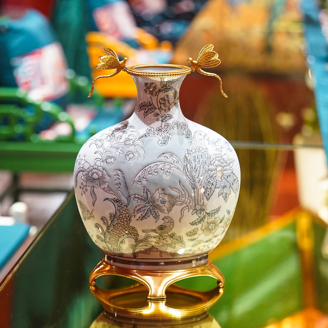 【本尼家】SS82中式高温陶瓷镶铜手绘鸟语花香花瓶冰裂纹装饰品摆件