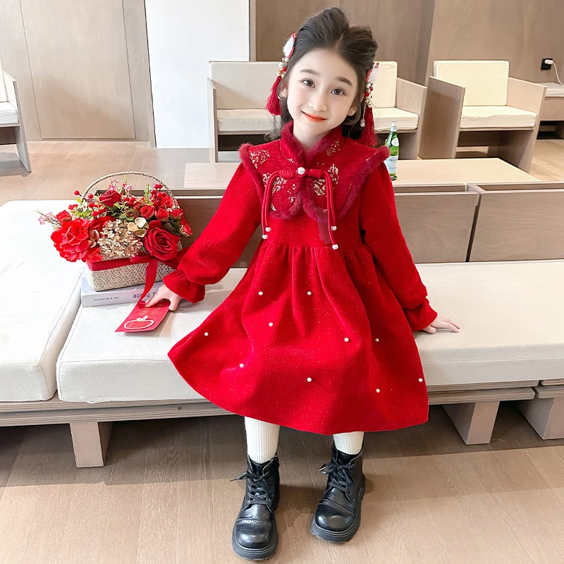儿童冬季新款中式2025女童喜庆新年加绒加厚拜年服宝宝冬装裙子潮