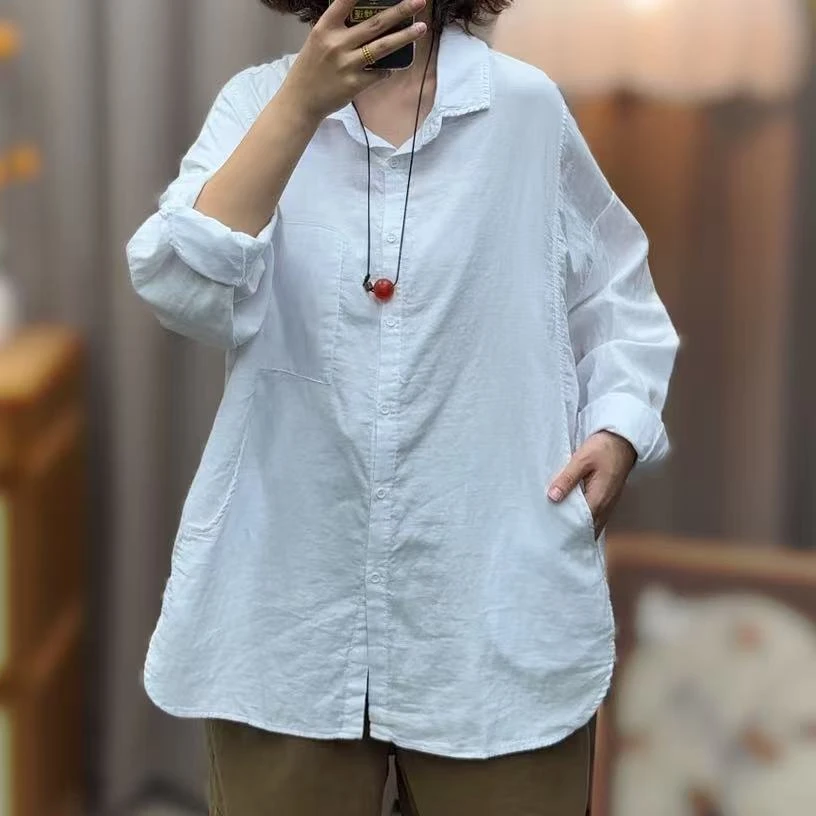 2456双纱棉秋季新款长袖衬衫口袋女宽松衬衣翻领200斤