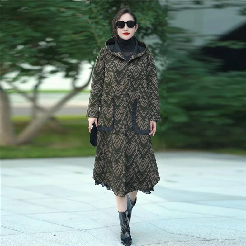 2137外套宽松毛羊绒长款新款高档提花大码过膝秋冬妈妈呢大衣连帽