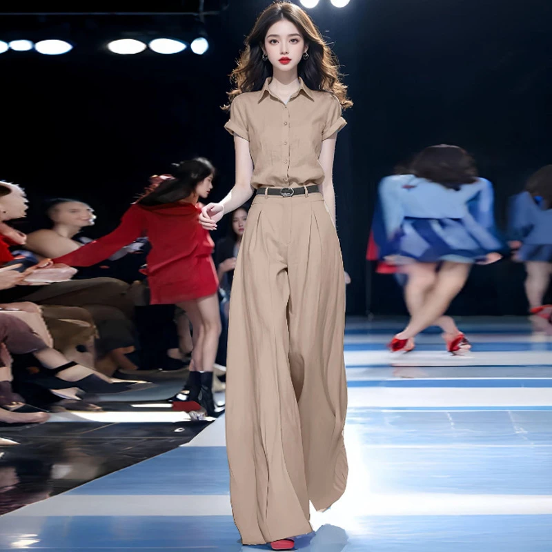 YY时尚气质套装女夏季新款洋气时髦短袖衬衫高腰阔腿裤两件套潮