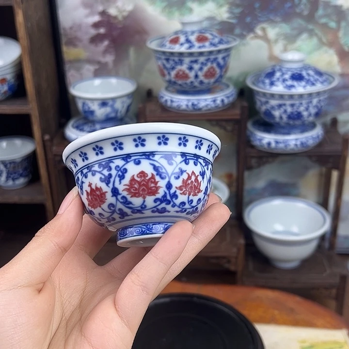 陶杯子缠枝莲釉里红小压手