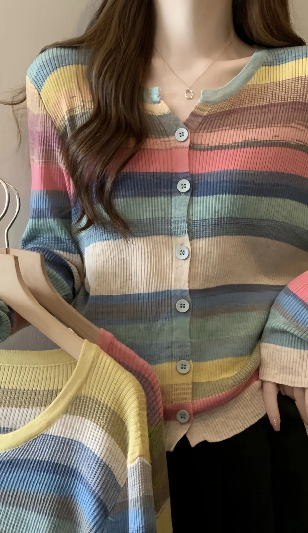 3008绵羊毛气质彩虹撞色条纹设计感空调衫时尚休闲外搭镂空针织衫