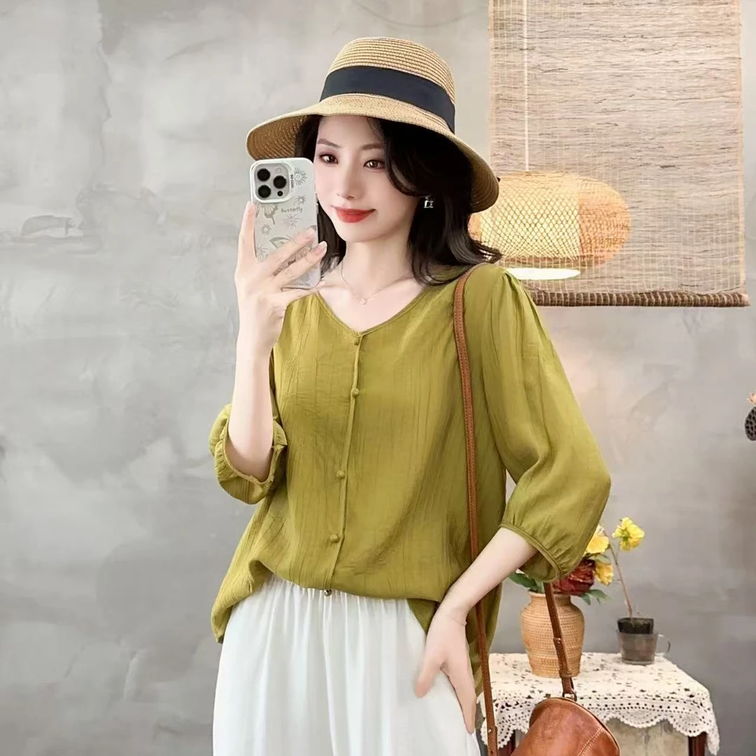 春夏款复古文艺时尚简约纯色中袖衬衣宽松显瘦女士衬衫百搭上衣